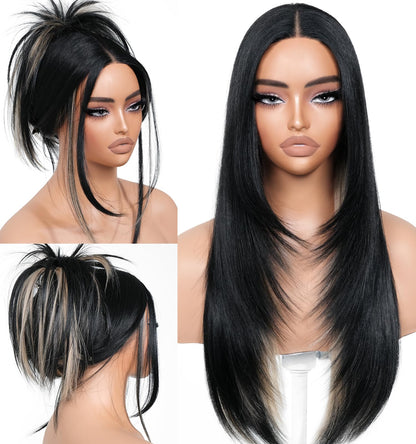 ✨ 3-Second Glueless Wig – Pre-Cut, Pre-Plucked, Long Straight Highlights