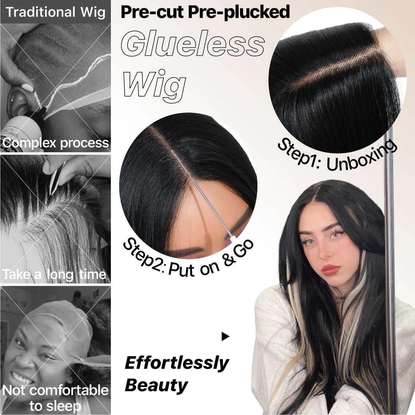 ✨ 3-Second Glueless Wig – Pre-Cut, Pre-Plucked, Long Straight Highlights